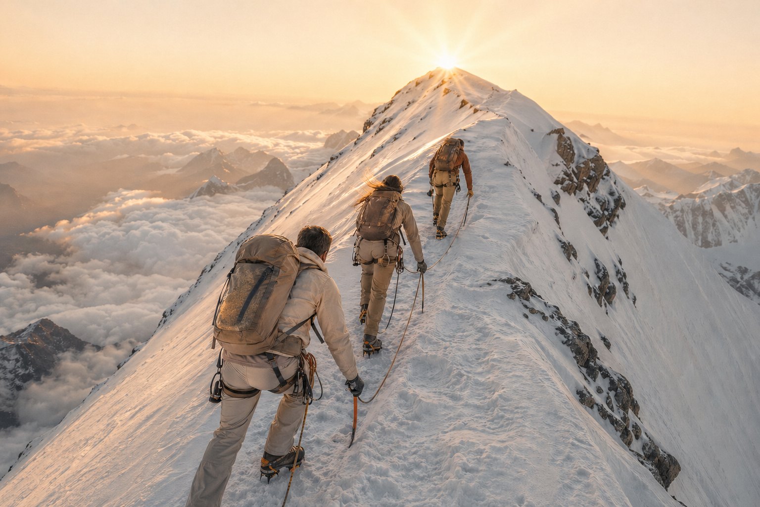 Three roped mountaineers ascending a ridge at sunrise — no one climbs it alone